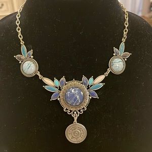 Vintage Silver Tone Blue Pendant Statement Bib Collar Statement Necklace
